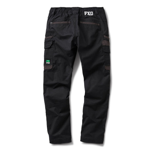 FXD WP-12 Elastic Waist Stretch Ripstop Work Pant, rear view, features elastic waistband, dual rear and cargo pockets, FXD branding, and knee darts for enhanced movement, ideal for active workplace environments.
