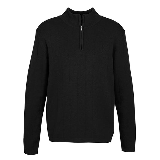 Biz 80/20 Wool Rich Pullover, a black sweater featuring a zipper, crafted from 80% Merino wool and 20% acrylic, showcasing contemporary styling with a fully fashioned knit, ideal for workplace safety.