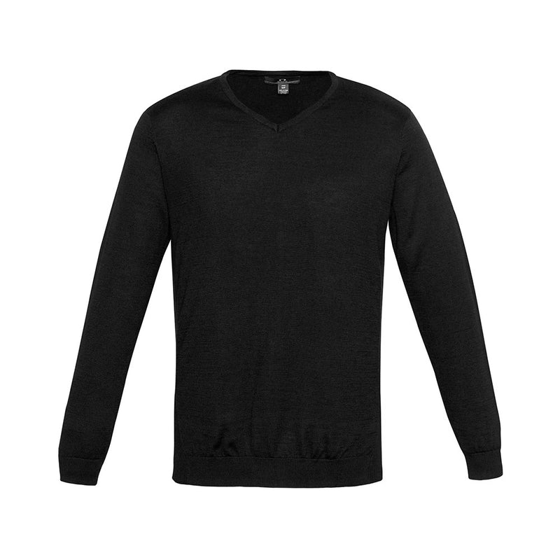 Load image into Gallery viewer, Biz Mens Milano Pullover, a contemporary V-neck knitwear with ribbed side panels, crafted from a durable merino wool blend, ideal for layering over collared shirts. Perfect for modern workplace settings.