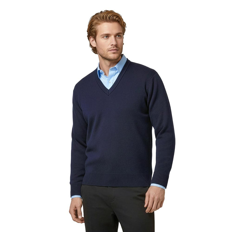Load image into Gallery viewer, Biz Mens Woolmix Knit Pullover worn by a model, showcasing its loose fit and ribbed cuffs; ideal for demanding environments, reflecting Active Safety's commitment to durable workwear.