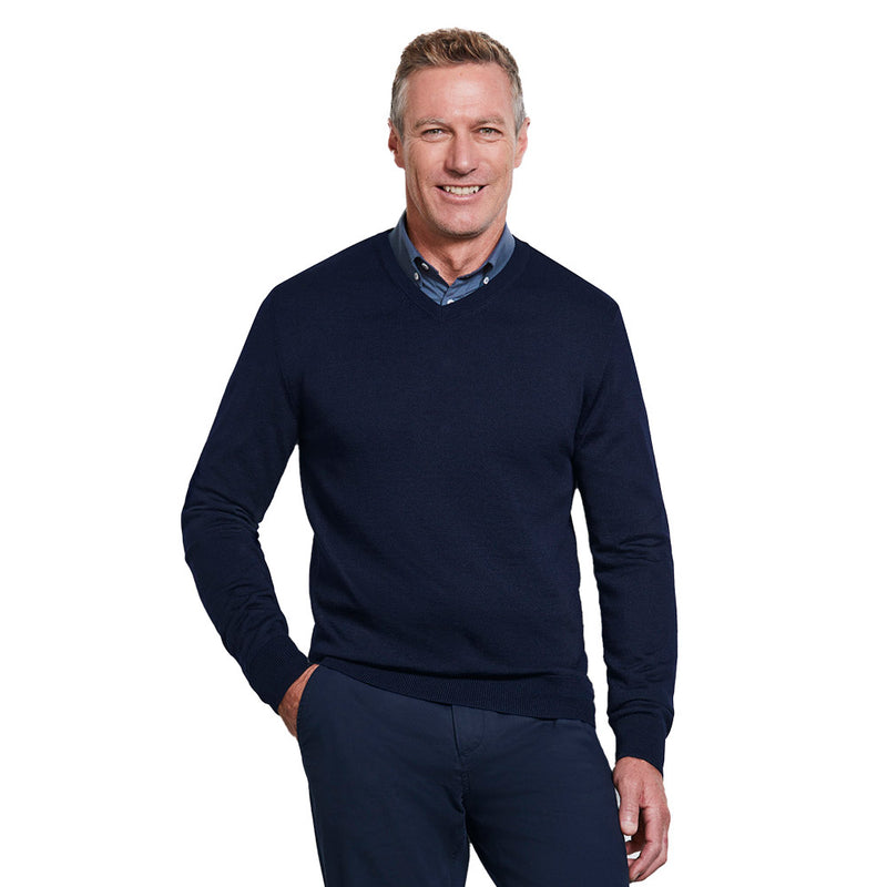 Load image into Gallery viewer, Biz Mens Roma Knit Pullover in a classic V-neck design, showcasing lightweight merino wool-blend knitwear ideal for office wear, featuring a relaxed ribbed cuff and hem for a professional appearance.