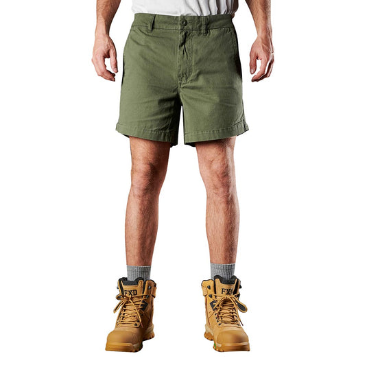 Person wearing FXD WS-2 Short Work Shorts made of soft touch cotton twill with DURA500™ abrasion panels, showcasing durability and performance, ideal for active work environments.