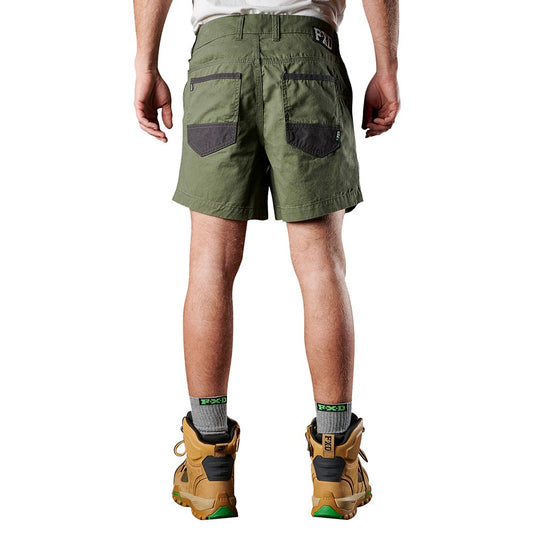FXD WS-2 Short Work Shorts, crafted from durable soft-touch cotton twill with reinforced abrasion-resistant panels, are showcased close-up, highlighting their robust design suitable for active workplace environments.