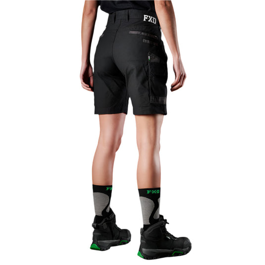 FXD WS-3W Women's Stretch Work Short rear view, showcasing multiple utility pockets and sturdy construction with durable stretch cotton canvas, complemented by FXD socks and rugged work boots, ideal for skilled tradeswomen.