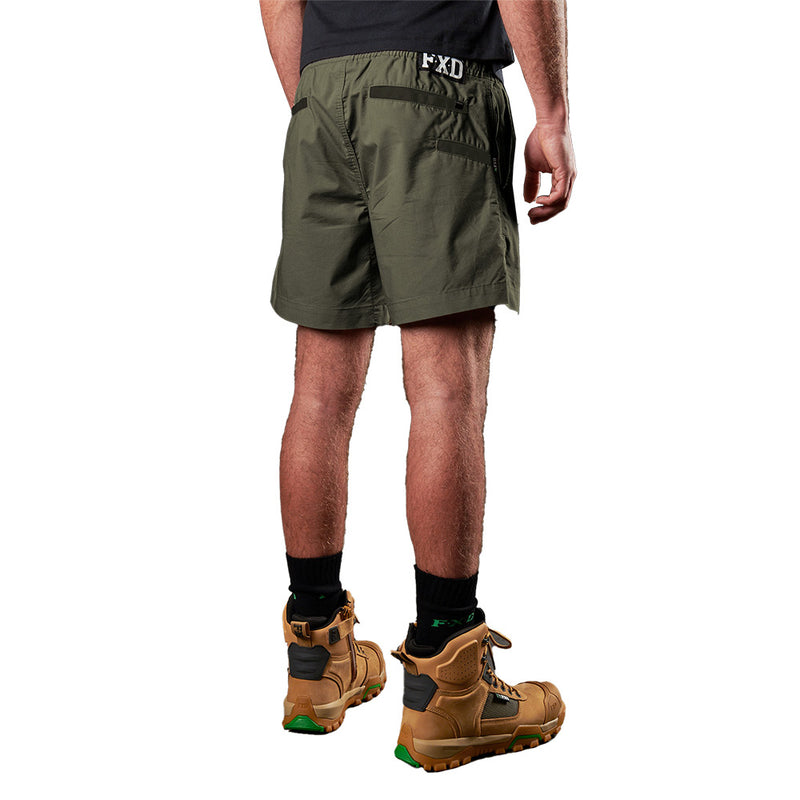 Load image into Gallery viewer, FXD WS-4 Elastic Waist Work Short made of organic cotton and recycled polyester, featuring a comfort stretch waistband, concealed zip pocket, reinforced gusset, and advanced phone pockets, ideal for active work environments.
