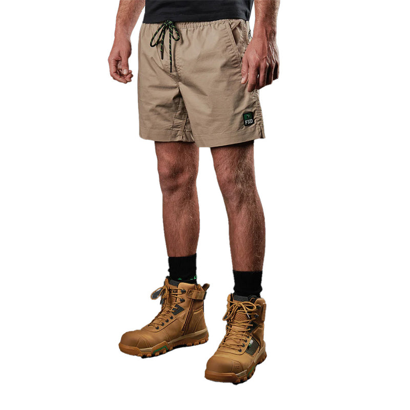 Load image into Gallery viewer, FXD WS-4 Elastic Waist Work Short made from organic cotton and recycled polyester, features a comfort stretch waistband, concealed zip pocket, reinforced gusset, and durable phone pockets, ideal for active safety environments.