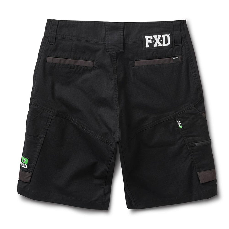 Load image into Gallery viewer, FXD WS-5W Women’s Work Short, black mid-thigh cargo shorts, features reinforced stitching, floating cargo pockets, double weave flex hip panels, and abrasion-resistant sections, ideal for active workplace environments.