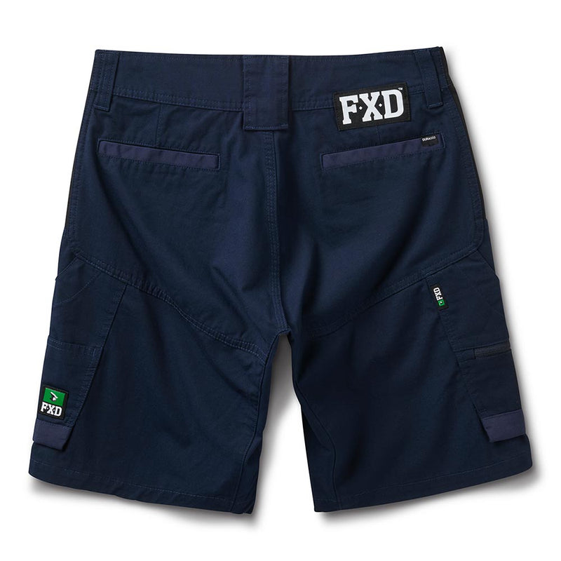 Load image into Gallery viewer, FXD WS-5W Women’s Work Short back view showcasing cargo pockets, FXD branding, and double weave flex hip panels for enhanced fit and movement, ideal for safety and work environments.