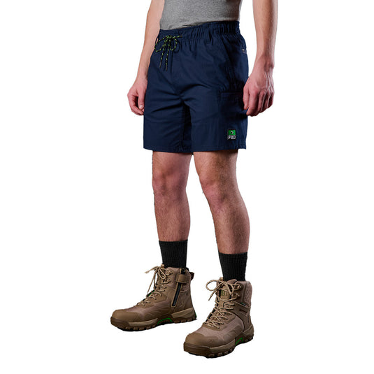 FXD WS-7 Elastic Waist Utility Short featuring a full elastic waistband, durable stretch ripstop fabric, utility and ruler pockets, waistband belt loops, and a one-piece leg gusset for enhanced flexibility.