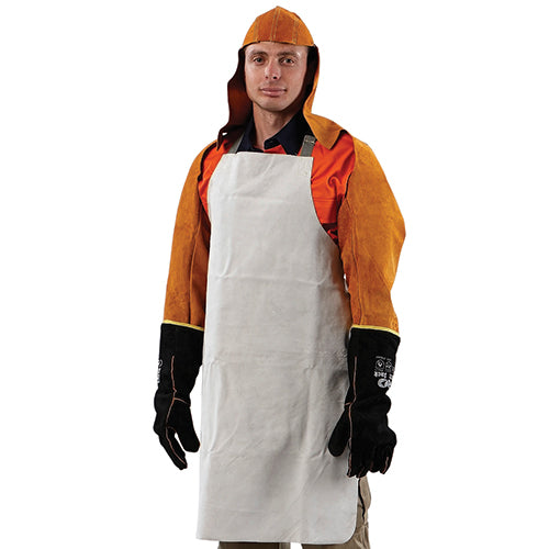 Pro Red Chrome Welders Sleeves: A man wears a protective orange and white apron, highlighting robust Kevlar®-stitched sleeves designed for welders, offering full arm protection with quick buckle fitting.
