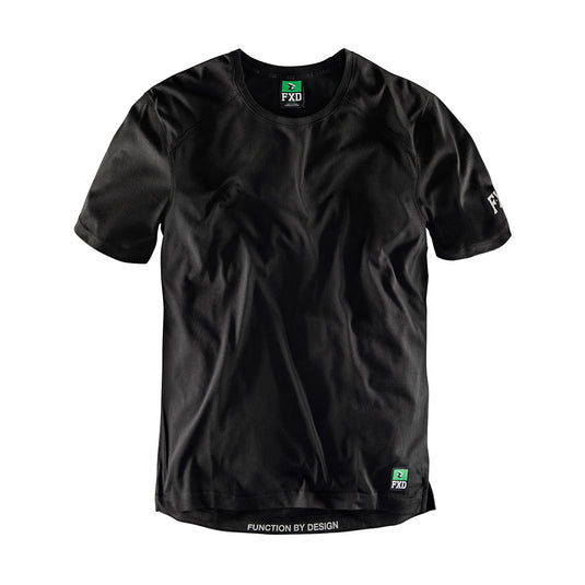 FXD WT-3 Tech T-Shirt designed for workwear, featuring flat-lock seams, side splits with a drop back hem, and reflective sleeve print, ideal for active safety environments.