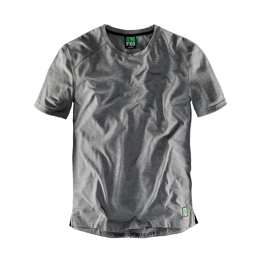 FXD WT-3 Tech T-Shirt showcasing its workwear design, made from recycled polyester and organic cotton with antimicrobial treatment. Features reflective sleeve print, flat-lock seams, side splits, and a drop back hem.
