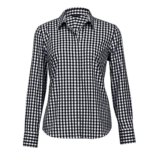 Hartley Womens Long Sleeve Check Shirt features a black and white checkered pattern, with a V-style open neck and fashion collar. It's a tapered fit with long sleeves and a contoured hemline.