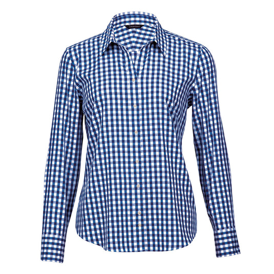 Hartley Womens Long Sleeve Check Shirt featuring a blue and white checkered pattern, 100% cotton fabric, contoured hemline, V-style open neck with a fashion collar, and long sleeves, ideal for casual workwear.