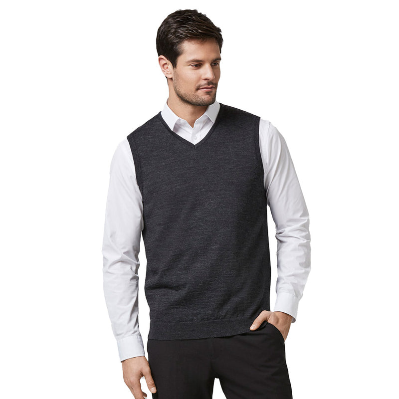 Load image into Gallery viewer, Biz Mens Milano Vest featuring a contemporary V-neck and ribbed side panels, designed for layering over collared shirts. Ideal for workplace settings, crafted from a durable, pill-resistant merino wool blend.
