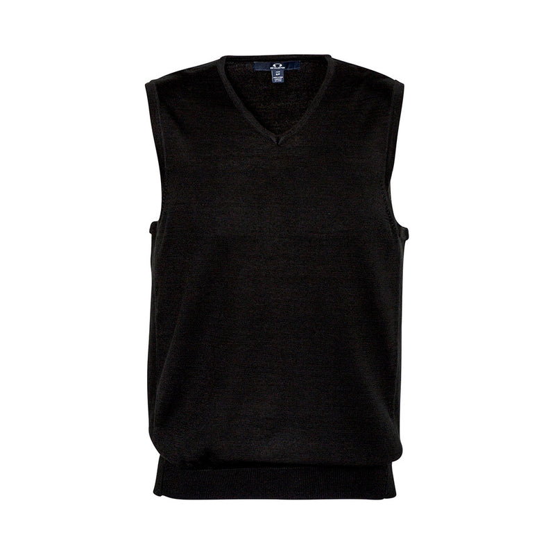Load image into Gallery viewer, Biz Mens Milano Vest, a modern V-neck knitwear featuring subtle ribbed side panels, crafted from a durable merino wool blend, ideal for layering over collared shirts, suitable for workplace uniform ensembles.