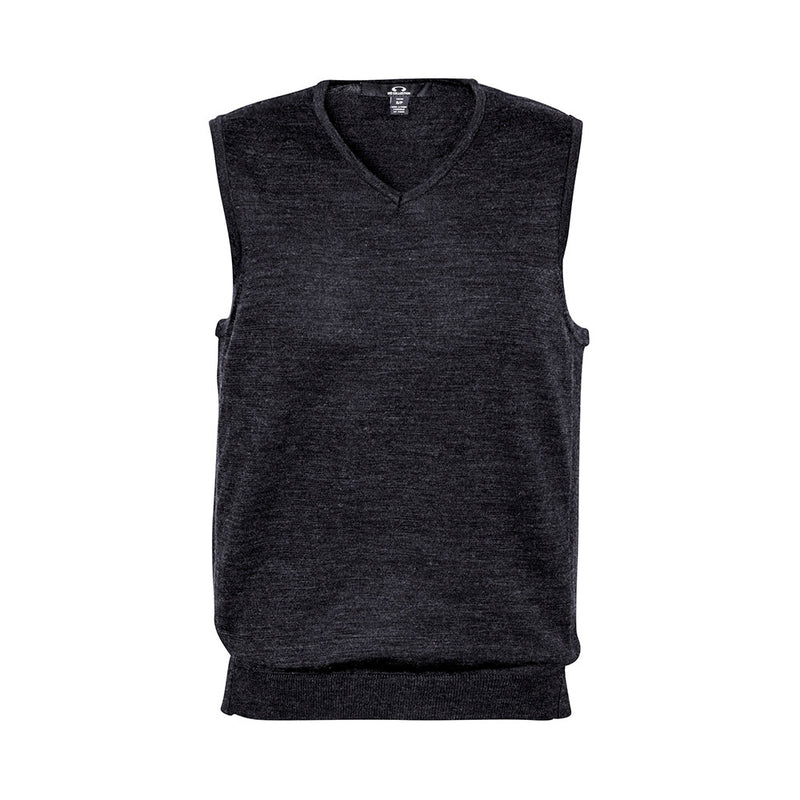 Load image into Gallery viewer, Biz Mens Milano Vest, a contemporary V-neck knitwear, features ribbed side panels for a sleek design. Crafted from a durable merino wool blend, it's perfect for layering over collared shirts.
