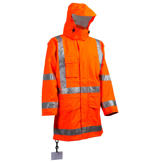 Active StormPlus Wet Weather Jacket TTMC-W17 with reflective stripes, hooded design, ideal for wet conditions, showcasing durable construction and high-visibility features, perfect for safety-conscious work environments.