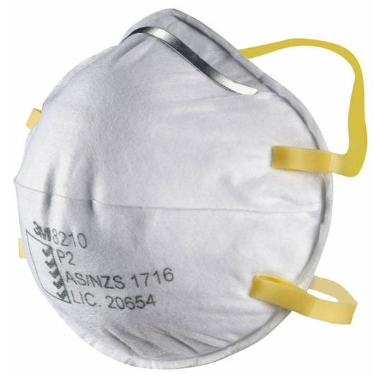 3M 8210 P2 Particulate Respirator: Box/20, featuring welded straps and an adjustable nose clip for enhanced fit and comfort, ideal for industries requiring staple-free respirators. Suitable for bio-aerosol protection.
