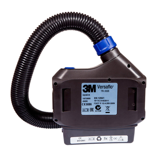 3M TR-300 Versaflo Powered Air Purifying Respirator features a black and blue design with a flexible tube and visible label, ideal for dust environments, excluding headtop/hood.