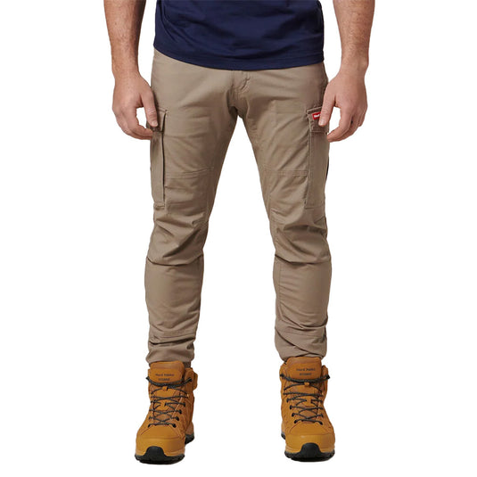 Hard Yakka 3056 Cuffed Cotton Cargo Pants made from stretch canvas with recycled polyester, featuring reinforced pockets, durable metal zipper, elastic cuffs, and multiple storage pockets, ideal for practical workwear.