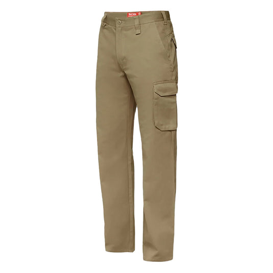 Hard Yakka 2500 Gen-Y Cotton Trouser, Khaki, featuring relaxed fit, reinforced pockets, bellowed cargo pocket, nylon zip fly, seven belt loops, and red internal waistband stitching, ideal for demanding work environments.