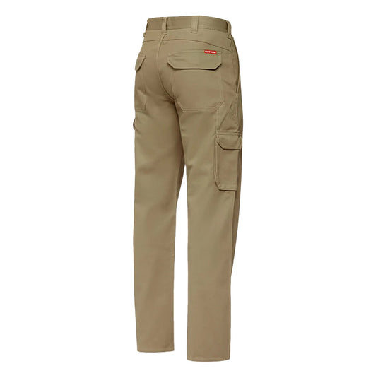 Hard Yakka 2500 Gen-Y Cotton Trouser, Khaki, featuring a relaxed fit with multiple storage pockets, reinforced internal pocket bags, and a durable nylon zip fly for robust work environments.