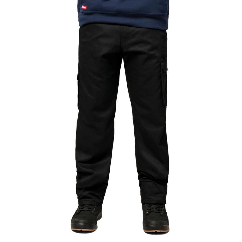 Load image into Gallery viewer, Hard Yakka 2500 Gen-Y Cotton Trouser, Black, features relaxed fit cargo design with reinforced pocket bags, multiple storage pockets, red internal waistband stitching, nylon zip fly, plastic button closure, and seven belt loops.