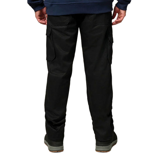 Hard Yakka 2500 Gen-Y Cotton Trouser, Black, featuring a relaxed fit, reinforced pockets, multiple storage options, nylon zip fly, and seven belt loops, ideal for rigorous work environments.
