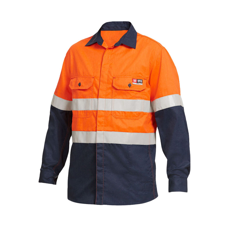 Load image into Gallery viewer, ShieldTec FR Hi Vis Long Sleeve Work Shirt showcasing its durable design with two reinforced chest pockets, pleated yoke, and reflective tape, ideal for safety in high-risk work environments.