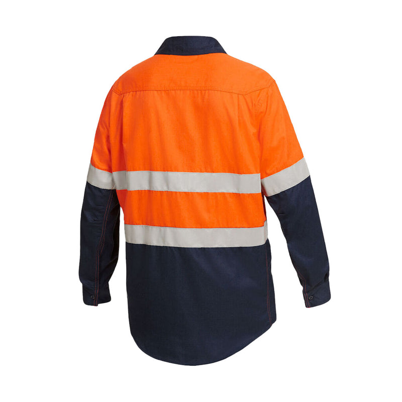 Load image into Gallery viewer, ShieldTec FR Hi Vis Long Sleeve Work Shirt showcasing a durable back design with protective gusset cuffs and articulated sleeves, ideal for safety in high-risk environments.