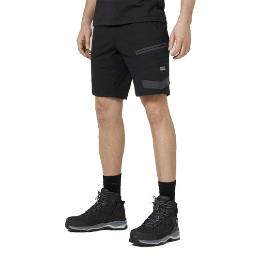 Hard Yakka Raptor Active Mid Short, designed for durability and comfort with reinforced zones, pocket systems, and reflective logos, ideal for active work environments and featuring eco-friendly REPREVE® recycled materials.