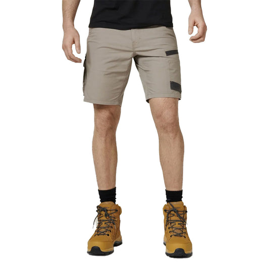 Hard Yakka Raptor Active Mid Short, showcasing reinforced stress zones, utility belt loops, and functional pockets, designed for durability and comfort. Ideal for active work environments, featuring recycled materials and reflective logos.