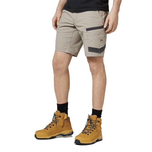 Hard Yakka Raptor Active Mid Short, showcasing durable design with reinforced high abrasion zones, utility pocket systems, and reflective logos, ideal for active work environments prioritizing safety and sustainability.