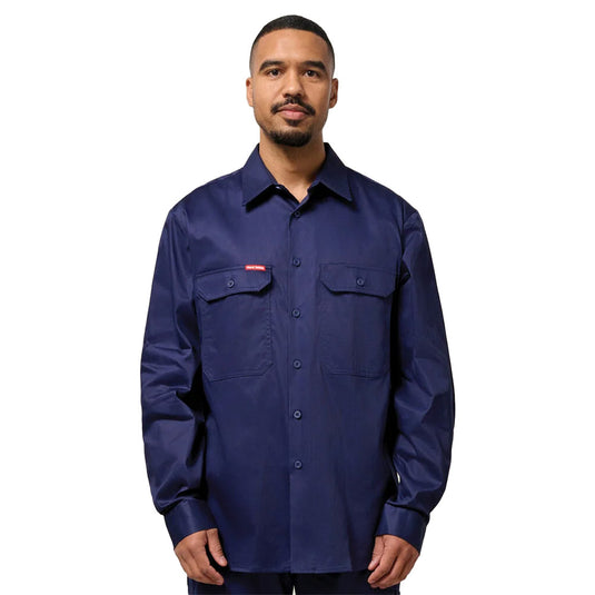Hard Yakka Cotton Drill Long Sleeve Shirt features an open front with a two-piece collar, button-down chest pockets, and a pen partition, designed for functional workwear.