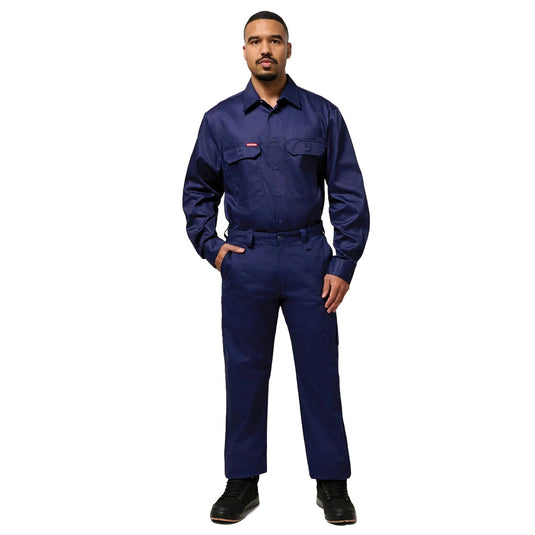 Hard Yakka Cotton Drill Long Sleeve Shirt with open front, pleated back, and two-piece collar for sun protection. Features two chest pockets with button closures and a pen partition.