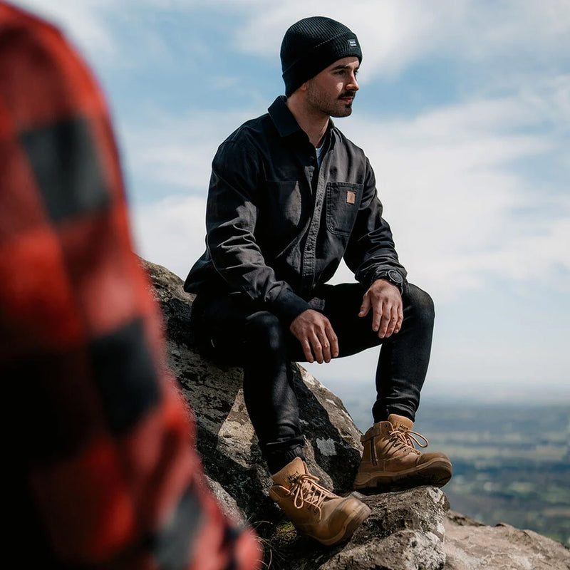 Load image into Gallery viewer, Hard Yakka Heritage Canvas L/S Shirt, Black: Regular fit with double chest patch pockets and buttoned placket, designed for durability featuring triple stitching, ideal for layering in workplace environments.