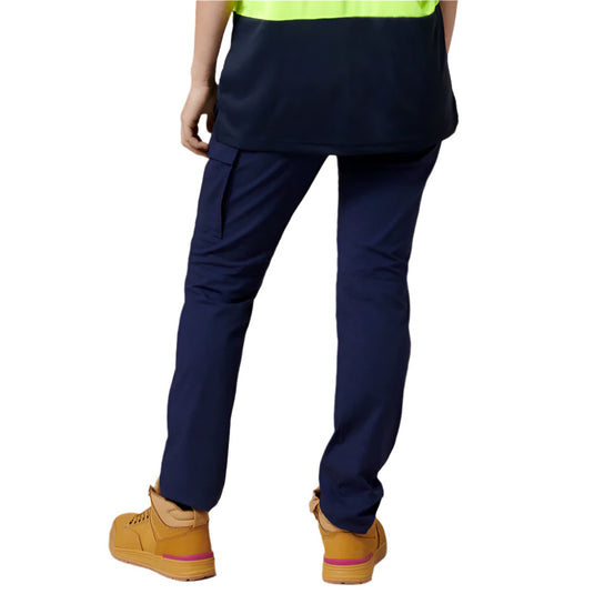 Hard Yakka Womens Ripstop Cargo Pant, designed for durability with stretch ripstop fabric and multiple pockets, featuring reinforced pocket bags, metal zipper, and a slim, articulated fit for practical workwear use.