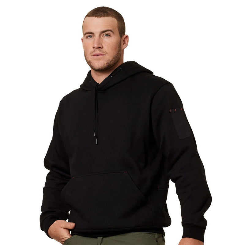 Load image into Gallery viewer, Hard Yakka Brushed Fleece Pullover Hoodie featuring a kangaroo pouch, dual utility pockets, and a mesh-lined hood with a safety drawstring, ideal for workplace safety and comfort.