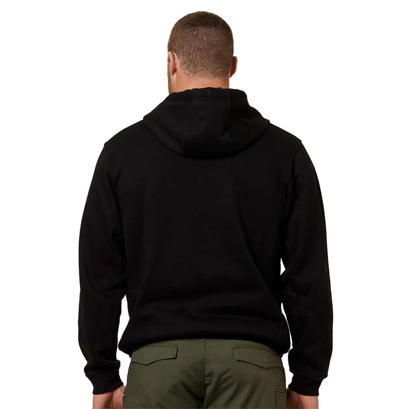 Load image into Gallery viewer, Hard Yakka Brushed Fleece Pullover Hoodie features kangaroo pouch, dual utility pockets, and pencil pocket on left sleeve, with mesh-lined hood and reinforced drawstring, ideal for safety-focused workwear.