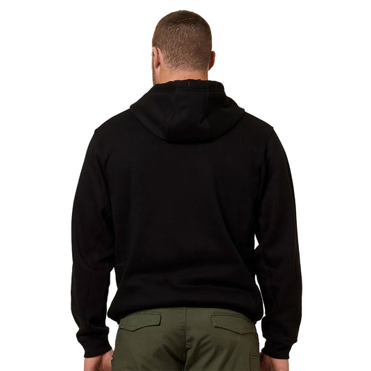 Hard Yakka Brushed Fleece Pullover Hoodie features kangaroo pouch, dual utility pockets, and pencil pocket on left sleeve, with mesh-lined hood and reinforced drawstring, ideal for safety-focused workwear.
