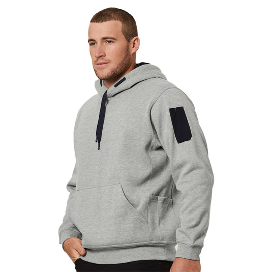 Hard Yakka Brushed Fleece Pullover Hoodie featuring a kangaroo pouch, two utility side pockets, and a twin pencil pocket on the left sleeve, designed for ultimate comfort and functionality in workplace settings.