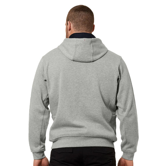 Hard Yakka Brushed Fleece Pullover Hoodie with kangaroo pouch, twin utility pockets, and contrast pencil pocket on the sleeve; features a mesh-lined hood with safety drawstring and ribbed cuffs.