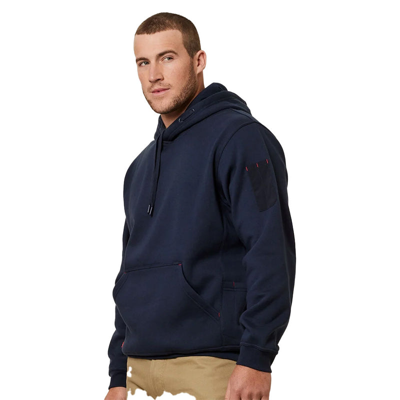 Load image into Gallery viewer, Hard Yakka Brushed Fleece Pullover Hoodie with a spacious kangaroo pouch, two utility side pockets, contrasting pencil pocket on the left sleeve, mesh-lined hood, and ribbed cuffs, ideal for workplace warmth.