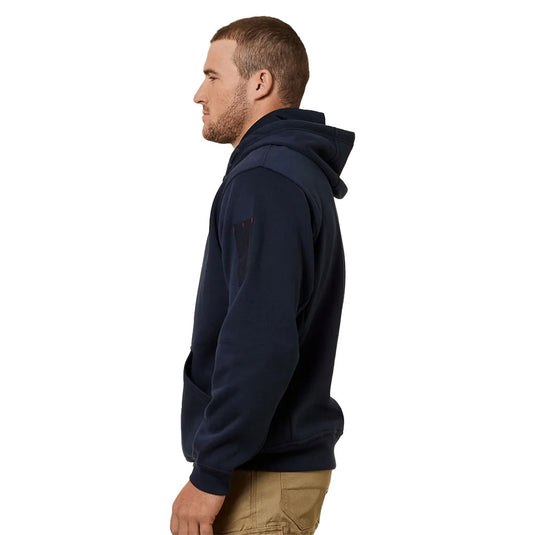 Hard Yakka Brushed Fleece Pullover Hoodie with a kangaroo pouch, two utility pockets, a twin pencil pocket on the sleeve, mesh hood lining, and ribbed cuffs, ideal for workplace warmth.