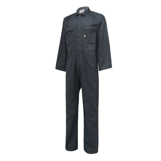 Yakka Cotton Drill Long Sleeve Overalls showcasing durable construction with internal access vents, heavy-duty calico pockets, raglan sleeves, and a concealed YKK metal zip, ideal for demanding work environments.