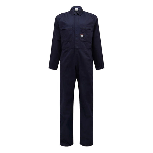 Yakka Cotton Drill Long Sleeve Overalls featuring internal access vents, heavy-duty calico pockets, and a concealed YKK metal zip, designed for durability and comfort with raglan sleeves and an elastic back waist.