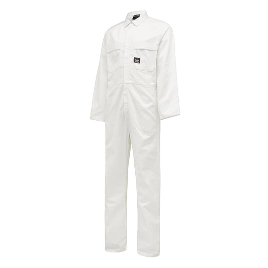 Yakka Cotton Drill Long Sleeve Overalls feature a tough design with internal access vents, heavy-duty calico pockets, raglan sleeves, and a concealed YKK zip, ideal for demanding work environments.