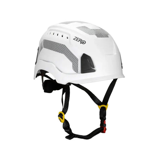 Zero Apex X2 Vented Multi Impact Helmet: White, featuring a sleek design with adjustable black and yellow straps and visible black text, ideal for industrial safety and comfort.