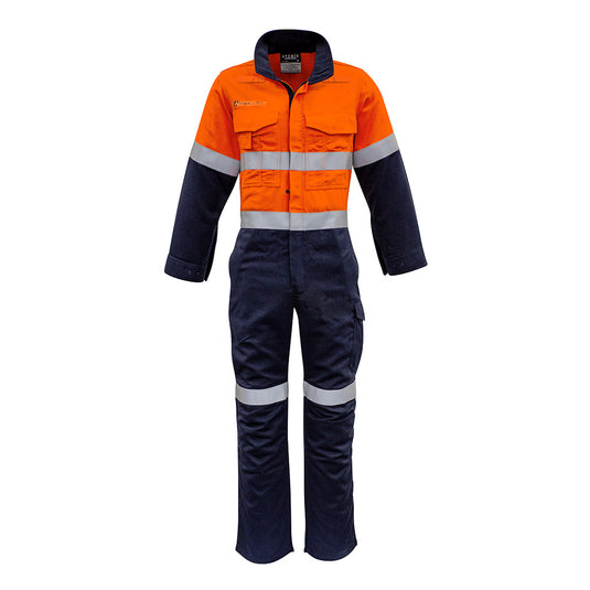Syzmik 10cal Inherent FR Hoop Taped Overall featuring durable MODATech® fabric, reflective tape, concealed FR zip, multiple pockets with FR closures, and stand-up collar, ideal for safety-focused environments.